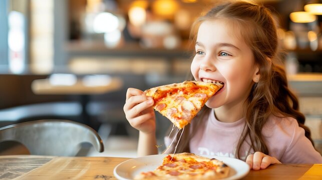 Cheerful preteen enjoying pizza in restaurant with blurred defocused background and copy space