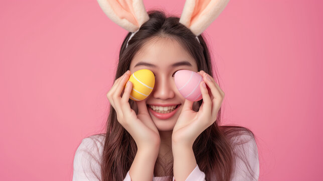 Happy beautiful young woman smiling wearing rabbit ears holding colorful Easter eggs front eyes, Asian female with bunny ear hold easter egg covering eye, studio shot isolated on pink background