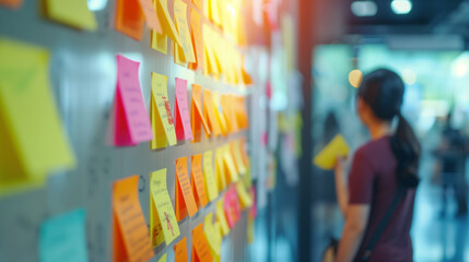 Colorful Post-it Notes on Wall - Brainstorming, Project Planning, and Creative Collaboration Concept in a Busy Workspace - obrazy, fototapety, plakaty