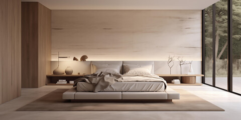 Realistic minimalist bedroom, Spacious bed with a simple design and neutral bedding. Minimalist nightstands and lighting 