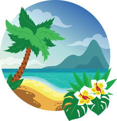 Fototapeta na wymiar vector tropical beach illustration with palm exotic flowers and leaves
