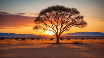 Fototapeta na wymiar sunset in the desert behind a dry plant. 