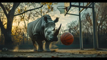 Fototapeten Action photograph of rhino playing basketball Animals. Sports © MadSwordfish