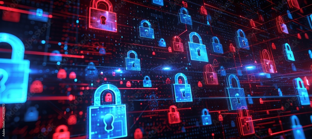 Poster captivating interactive holographic display of large shining security icons in the air