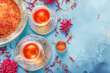 Obraz na płótnie Canvas Abstract composition of delicious saffron infusion tea, drinks concept, generative ai