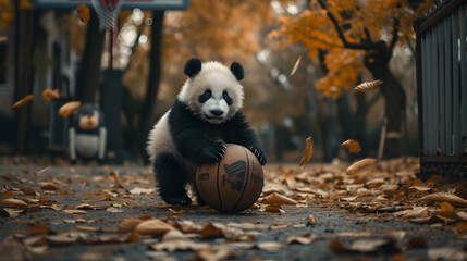 Action photograph of baby panda bear playing basketball Animals. Sports