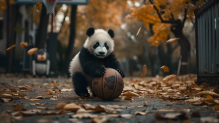 Foto auf Acrylglas Action photograph of baby panda bear playing basketball Animals. Sports © MadSwordfish