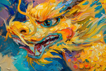 oil painting of a yellow Chinese dragon