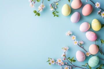 Top view flat lay photo of easter decorations painted pastel eggs, spring blossom on blue background  with copy space.