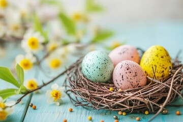 Top view flat lay photo of easter decorations painted pastel eggs in the nest, spring blossom on blue background  with copy space.