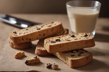 Rustic homemade cranberry biscotti with fresh milk