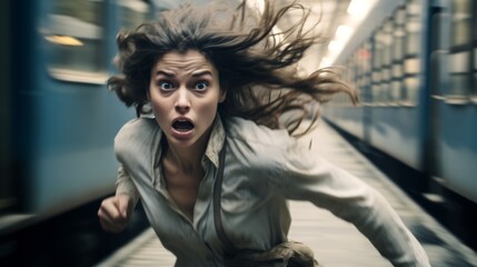 A woman runs through a train station, late for her flight, a frightened expression on her face