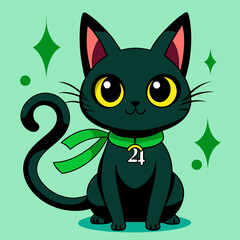 A cartoonish black cat with a green ribbon around its neck sits smiling and waving its tail. Vector illustration