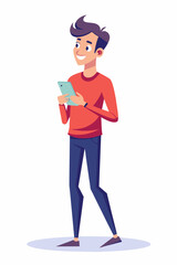 Cartoon character guy in jeans and sweater standing smiling and holding a smartphone. Vector illustration isolated on white
