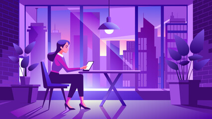 A girl sits at her desk and works through the night in an office with panoramic windows in a business center. Cartoon drawing in purple shades. Vector illustration