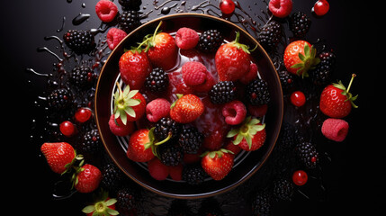 Raspberry and strawberry berry on dark background top view