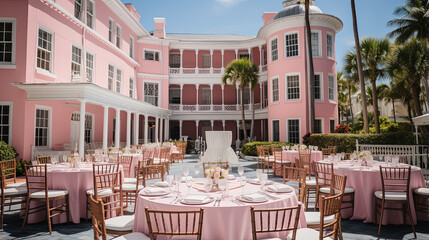 Fototapeta na wymiar The Blushing Oasis: A Spectacular Pink Establishment Awash With Delightful Tables and Chairs