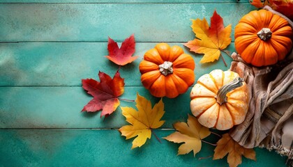 autumn thanksgiving background pumpkins and maple leaves on turquoise table top view