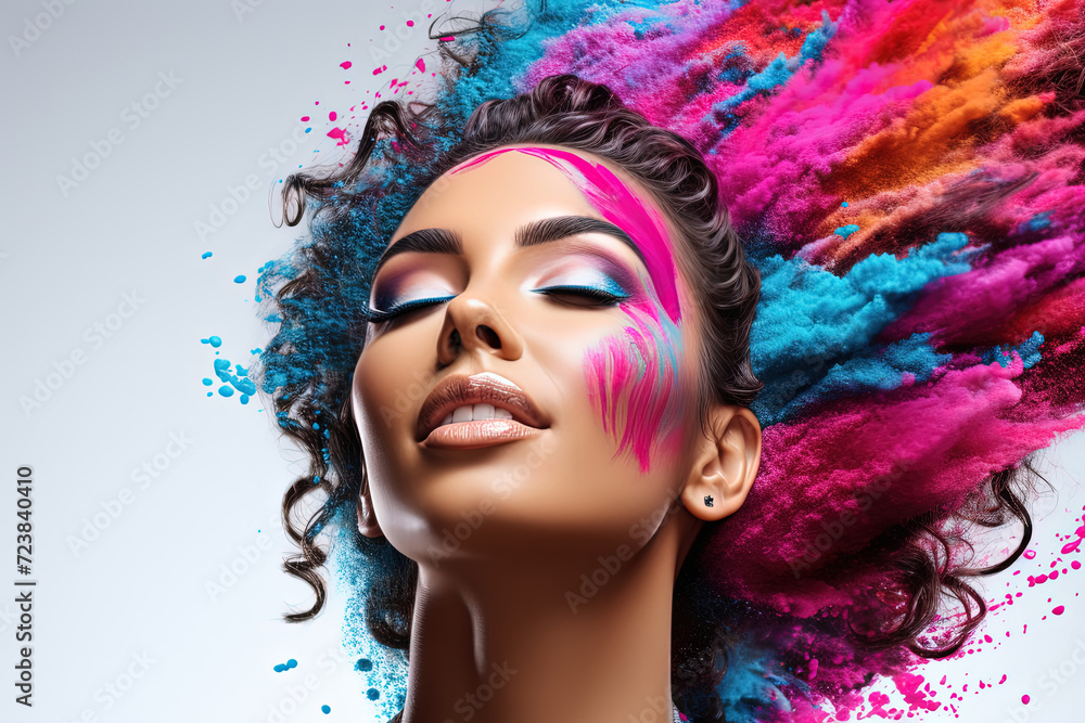 Poster vibrant hues capturing the essence of beauty and creativity. womans face elegantly merges with an ex