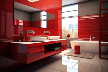 Red and white color minimal design modern decorated bathroom interior