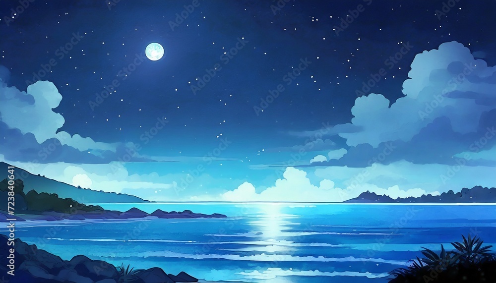 Wall mural sea night anime background 2d illustration