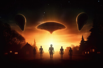 Red glowing spaceships and walking aliens, dark UFO design. Generative ai