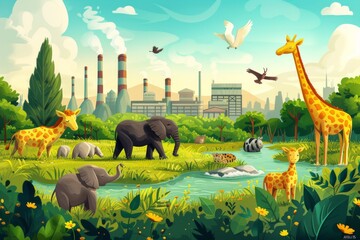 A playful cartoon illustration of animals joyfully living in a pollution-free environment, highlighting the impact of green technologies