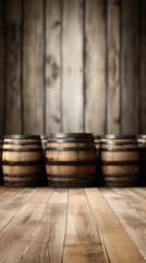 Wine barrels on a wooden table in front of a rustic background
