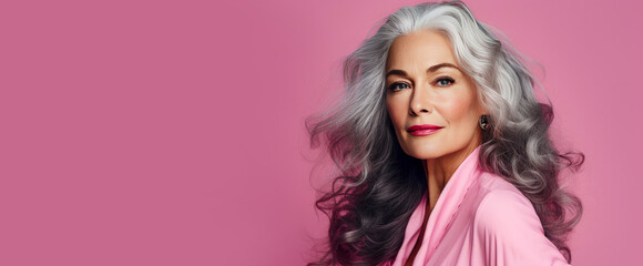 Elegant, smiling, elderly, chic, woman with gray long hair and perfect skin, on a pink background, banner. Advertising of cosmetic products, spa treatments, shampoos and hair care products, dentistry