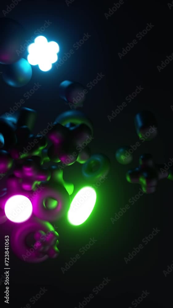 Poster 3d vertical video, abstract black background with assorted geometric shapes glowing with neon light 