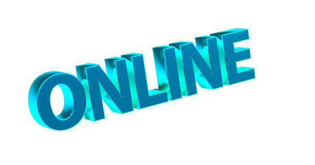 Online - türkise plakative 3D-Schrift, Internet,  soziale Medien, Einkauf, Suchbegriffe, Ranking, Suchmaschine, Website, Internet, eCommerce, Social Media, Marketing, Kommunikation, Gamining