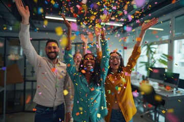 Happy diverse employees team celebrating success business achievement among confetti. Ai generated