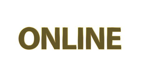 Online - goldene plakative 3D-Schrift, Internet,  soziale Medien, Einkauf, Suchbegriffe, Ranking, Suchmaschine, Website, Internet, eCommerce, Social Media, Marketing, Kommunikation, Gamining