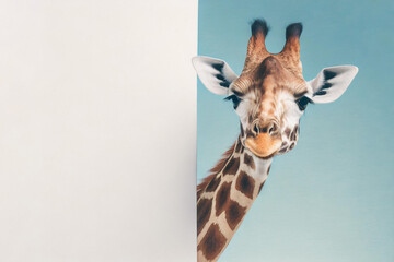 White mockup.A cute giraffe peeking out from behind a white blank banner. on blue background, copy space.