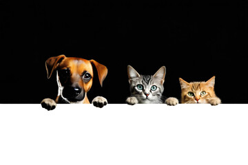 A cute cats and dog puppy holds a white blank banner. on black background, copy space.