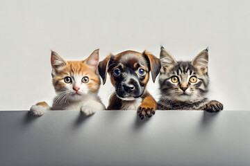 A cute cats and dog puppy peeking out from behind a white blank banner. on white background, copy space.Mockup,advertisement.