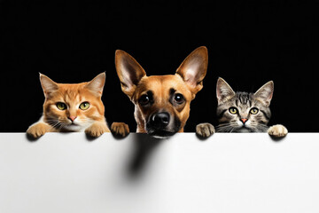 A cute cats and dog puppy holds a white blank banner. on black background, copy space.