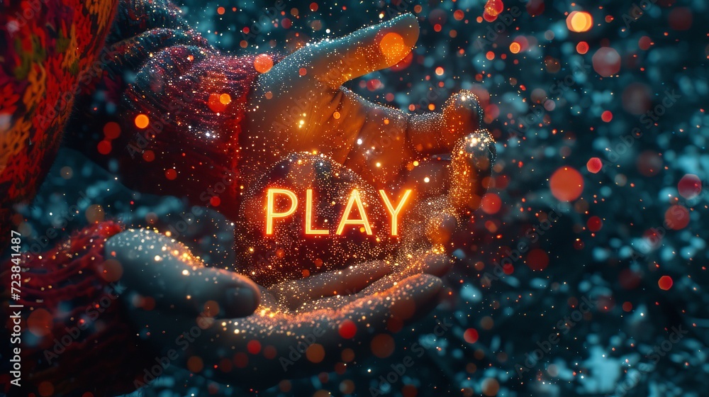 Poster captivating holographic play icon shining on mobile phone, creating mesmerizing visual experience