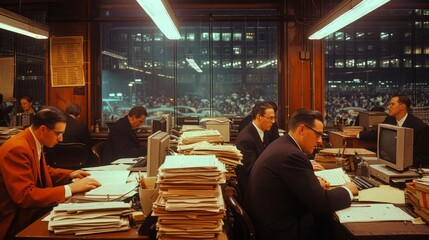 A group of people working in an office at night - obrazy, fototapety, plakaty