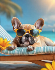 A French bulldog wearing sunglasses lounges on a sun lounger, dog soaking up the sun and taking a snooze. This image embodies the ideas of summer and vacation.