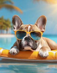 A French bulldog wearing sunglasses lounges on a sun lounger, dog soaking up the sun and taking a snooze. This image embodies the ideas of summer and vacation.
