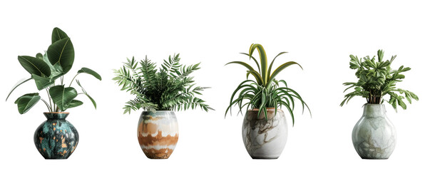 collection Set of different styles of retro vantage and modern vase and interior plants pots furniture cutouts isolated on white background - Generative AI