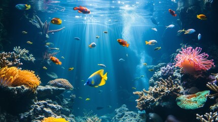 Fish swimming under the sea, aquarium, cartoon fish, nemo, blue ocean with full of fish swimming around the coral, Generative AI 