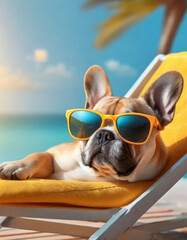 A French bulldog wearing sunglasses lounges on a sun lounger, dog soaking up the sun and taking a snooze. This image embodies the ideas of summer and vacation.