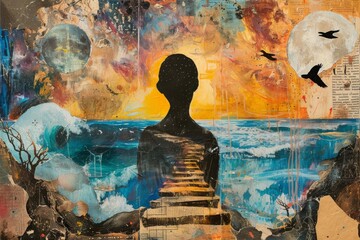 A collage made from mixed media, depicting a person's path to mental wellness, with inspirational quotes and images - obrazy, fototapety, plakaty