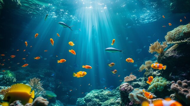 Fish swimming under the sea, aquarium, cartoon fish, nemo, blue ocean with full of fish swimming around the coral, Generative AI 