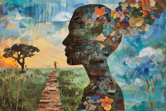 A collage made from mixed media, depicting a person's path to mental wellness, with inspirational quotes and images