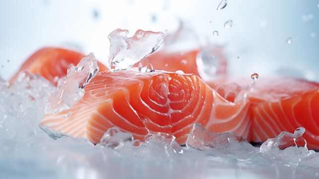 Picture of fresh salmon meat in ice cubes
