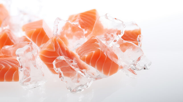 Picture of fresh salmon meat in ice cubes

