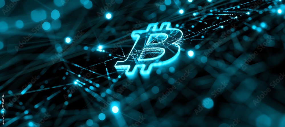 Poster interactive holographic crypto icon with shining effects and ample copy space for text placement